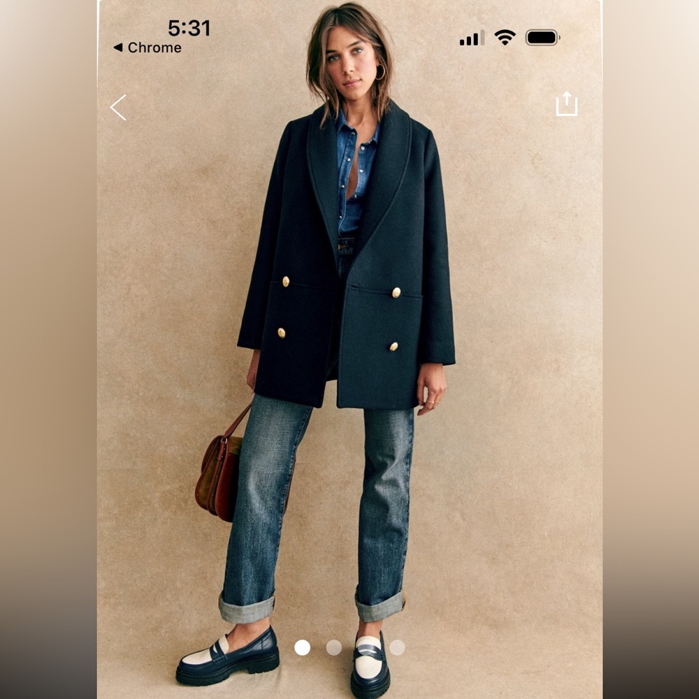 Sezane Double-Breasted Navy Pea Coat with Gold Buttons